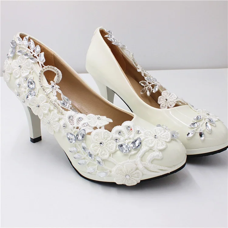 Women's White Wedding Shoes European American Style 8cm High Heels PU Round Toes Large Size Elegant Rhinestone Lace Bridal Shoe
