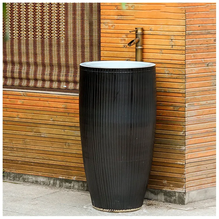 Marble Look Pedestal Free Standing Sink Modern Round Ceramic Bathroom