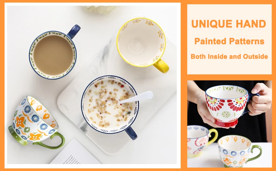 Ceramic Coffee Mug Large Size Colorful Hand Printed Mugs Set of 4 Porcelain Soup Mug Stoneware Custom factory