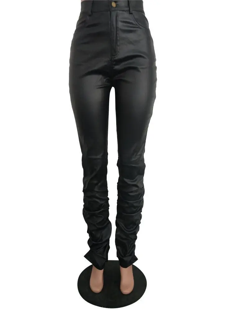 Faux Leather Pants for Women Flared Hem Winter Autumn Fall PU Ruched Bottoms for Ladies Sexy Club Fashion Pant RS00151