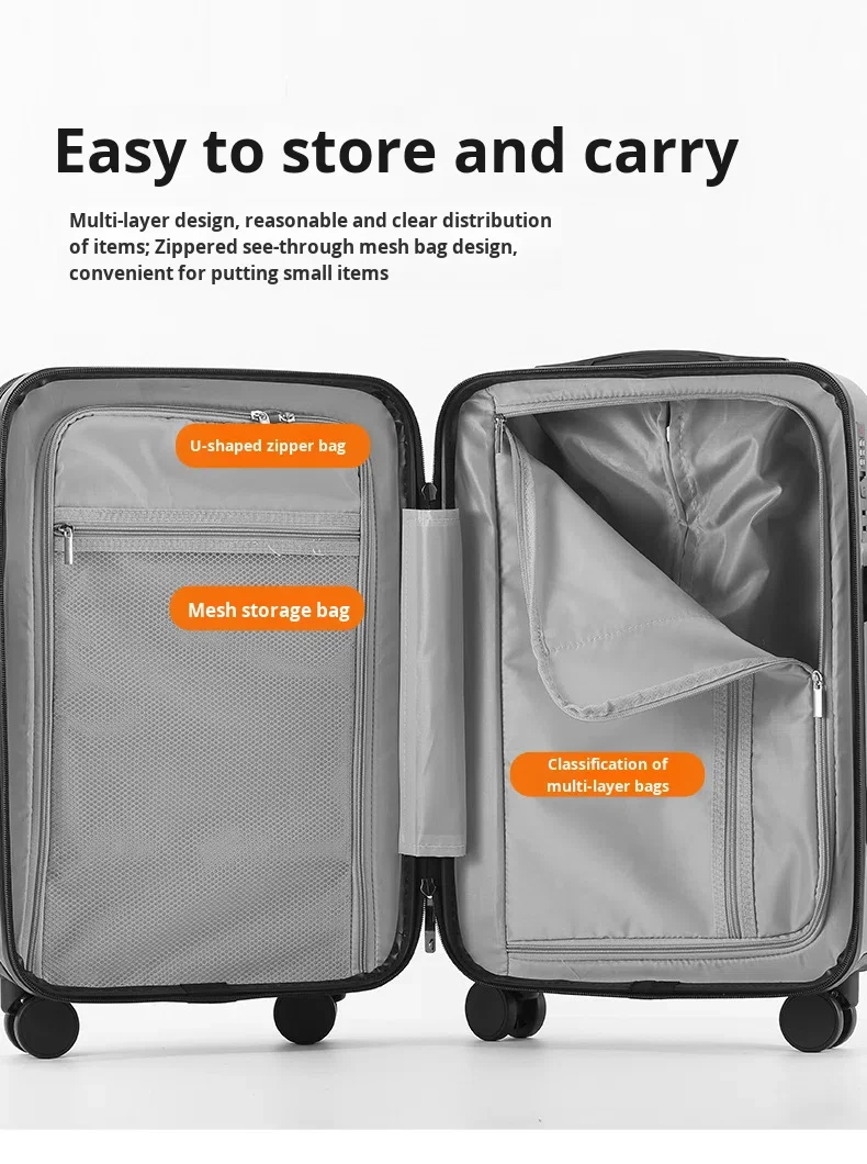 product 2026 new design front opening pocket luggage charging usb cup holder abspc spinner anti theft 20 inch boarding travel suitcase-14
