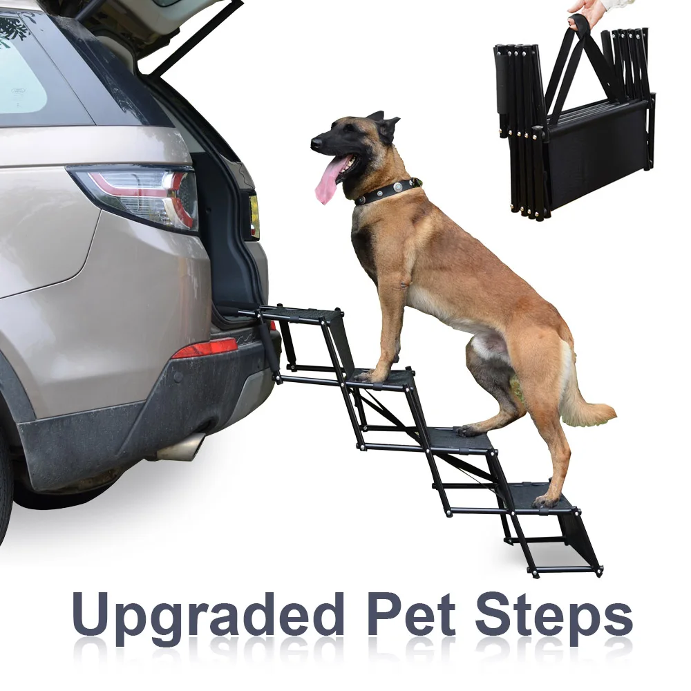 Dog Car Accordion Folding Stairs Metal Frame Collapsible Pet Ramp With Four Dog Steps Portable