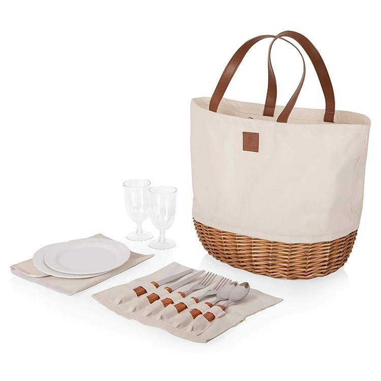 Folding Picnic Basket For 2 Or 4 Person Reusable Grocery Bags Canvas
