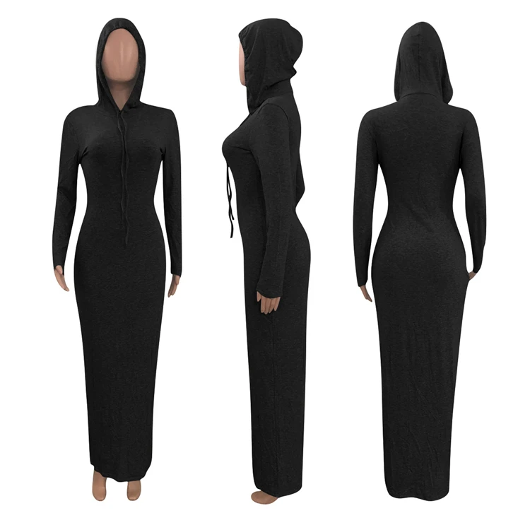 Lowest Price Fashionable Casual Long Dress Hooied Solid Color Long Sleeve Dress Women Dresses Ladies