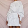 Fashion Lantern Sleeve Ruffled Hem White Dress