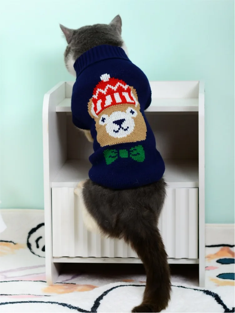 Luxury Cat Sweater Hairless Male Cat Winter Warm Costume Acrylic Christmas Print Cartoon Design Pet Apparel