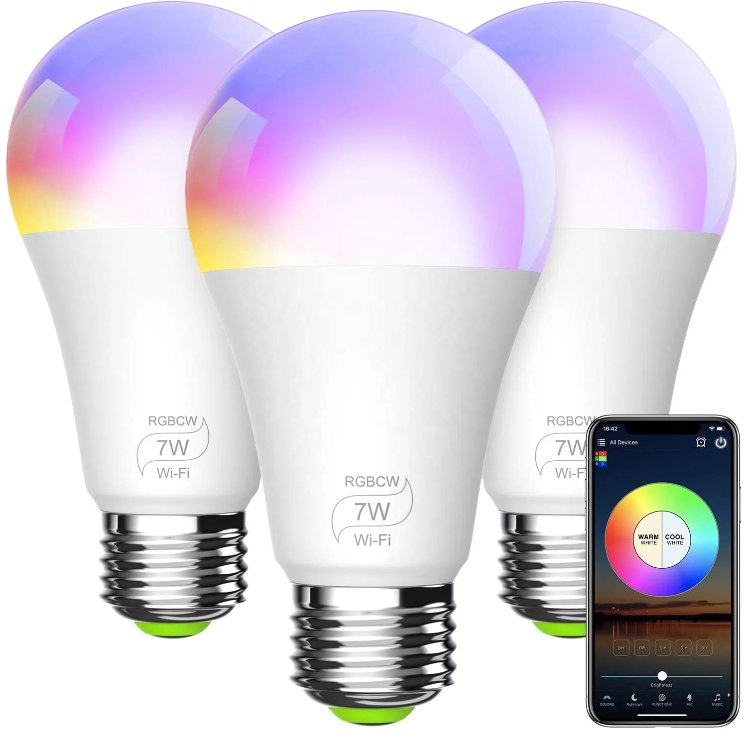 Smart WiFi Bulb No Hub Required, Dimmable Multicolor E26/E27/B22 A19 7W RGBCW LED Smart Light,Work for Alexa Google Home & Siri