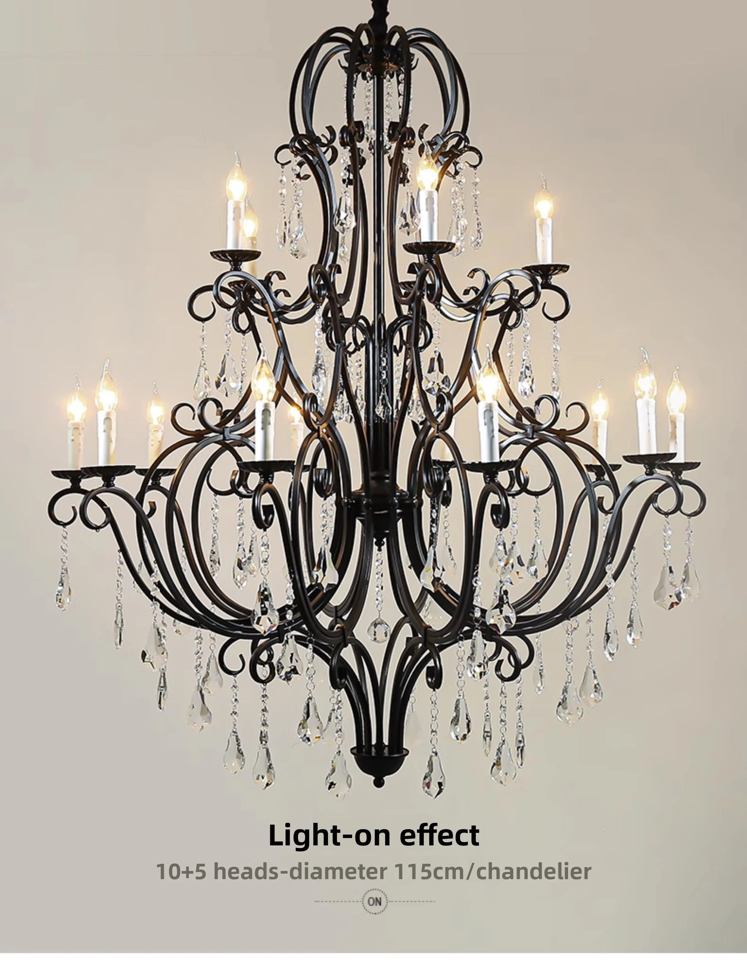 product large vintage retro brass black metal crystal chandelier customized home decor pendant light-14