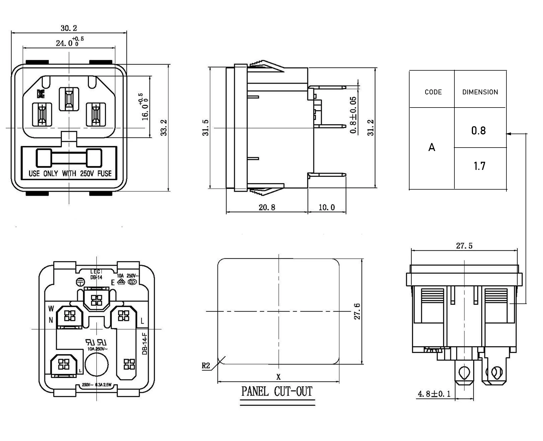 Ac 250v 10a Panel Mount Iec 320 C14 Inlet Socket Adapter With Fuse Holder Buy Iec 320 C14