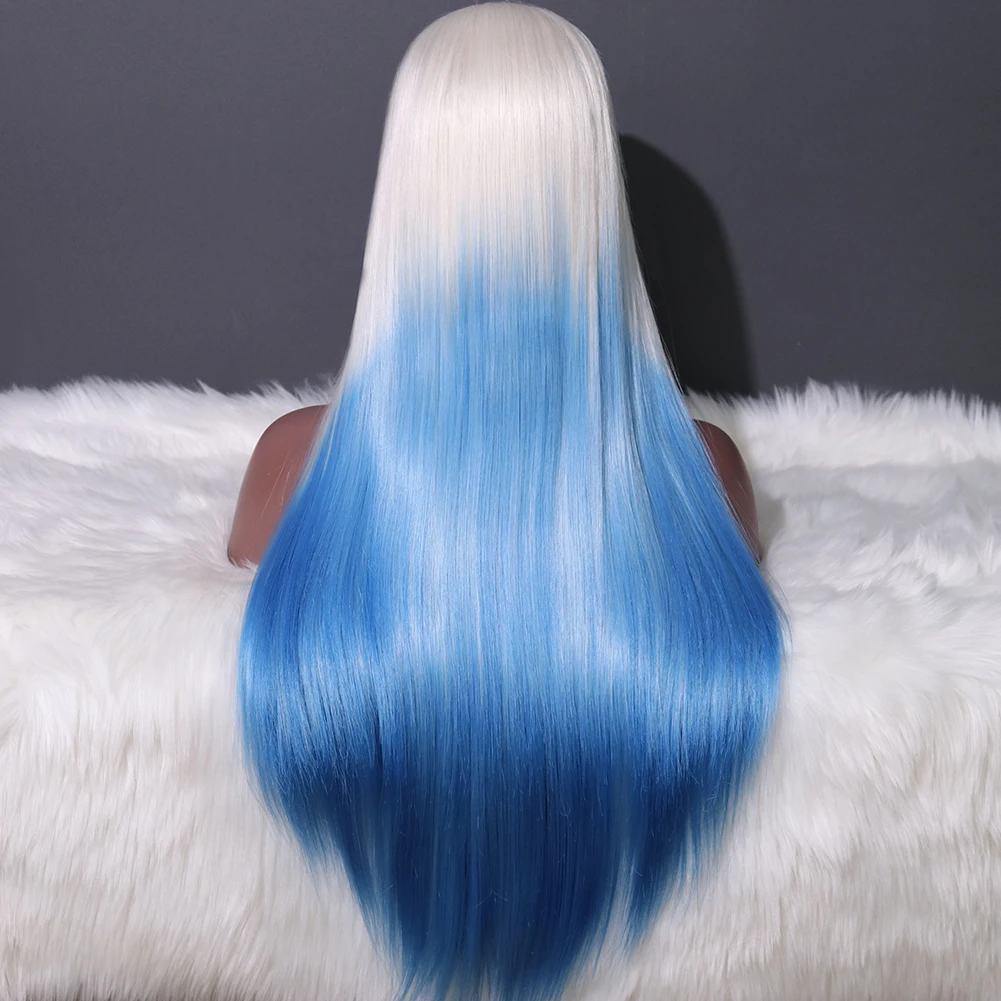 Wholesale White Ombre Blue Synthetic Lace Wig Long Straight Front Lace