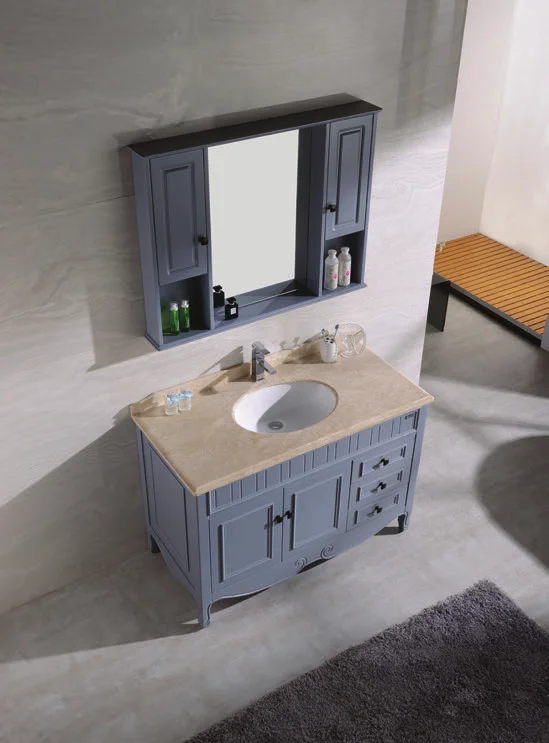 MS9005 Process carving solid wood bathroom cabinet floor installed marble table basin and mirror box