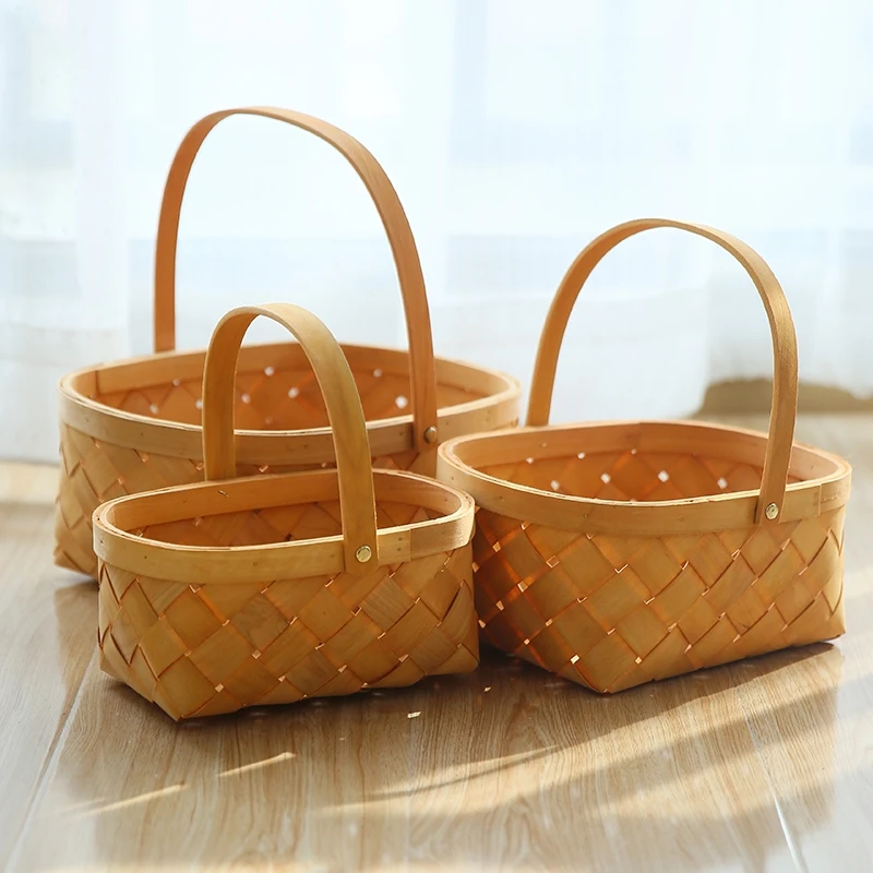 Picnic Basket Hand Woven Wood Chip Picnic Storage Basket With Folding