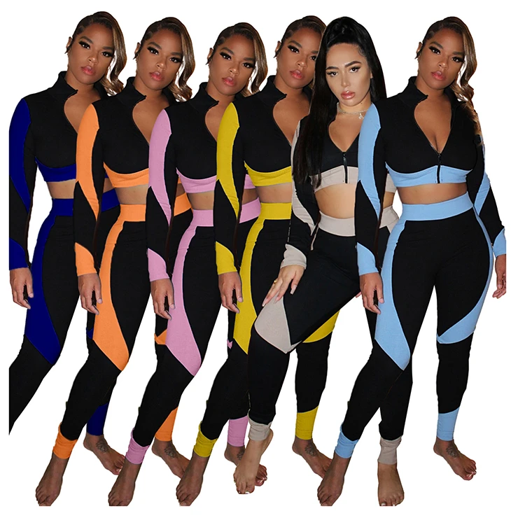 High Quality Zipper V Neck Sexy Crop Top Fall 2021 ladies Clothes Two Piece 2 Piece Set Women Clothing