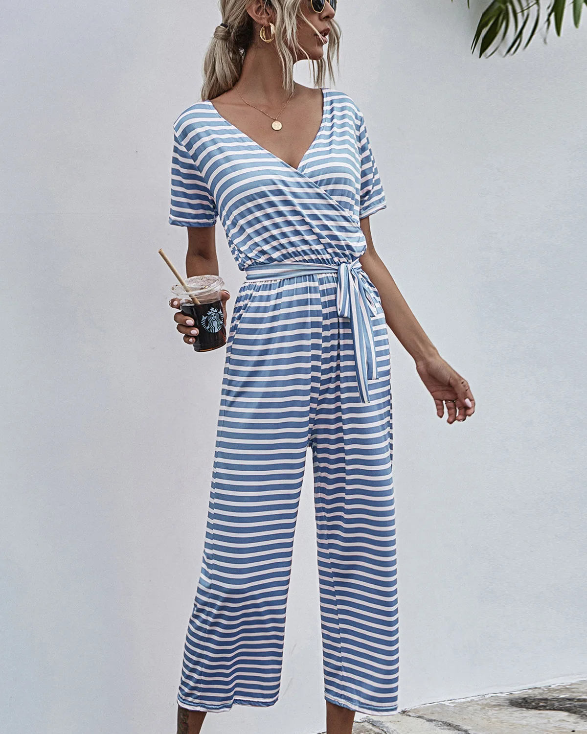 shein欧美女装时尚条纹v领短袖系带修身休闲女装连身裤