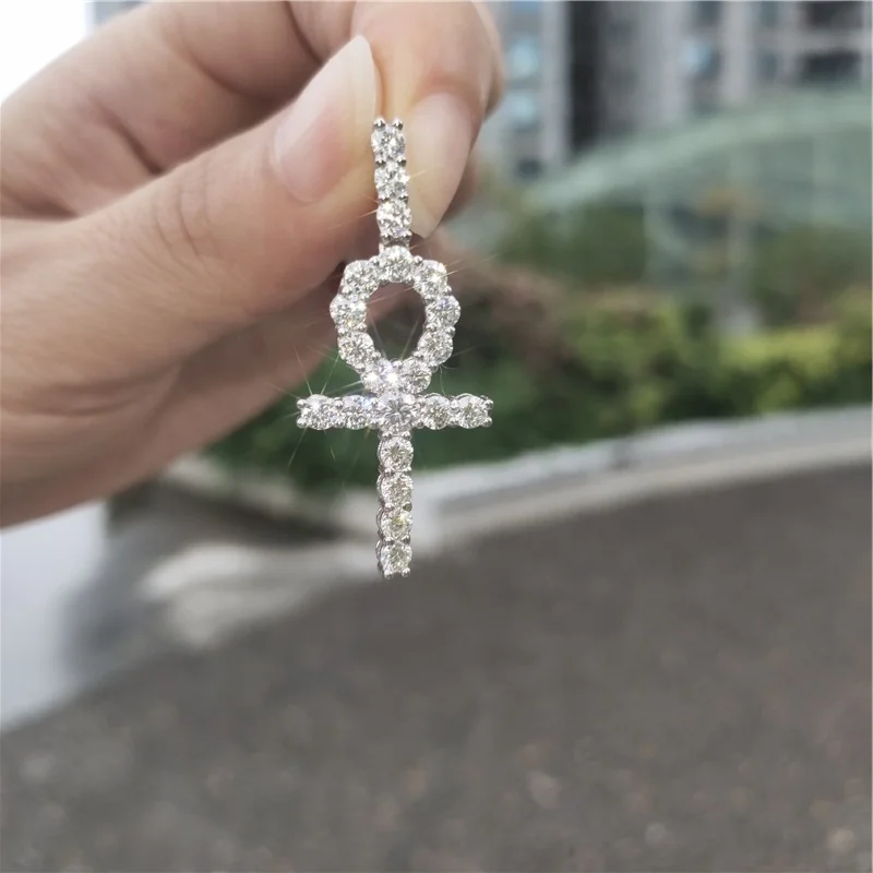 MEN 925 STERLING SILVER LAB DIAMOND ICED OUT BLING ANKH KEY CROSS PENDANT*SP201 