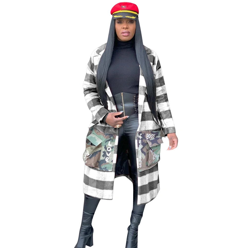 Women Long Coat Plaid Grid Printed Winter Autumn Fall Cardigan Long Letters Camo Print Floral Maxi Jacket for Ladies RS00220