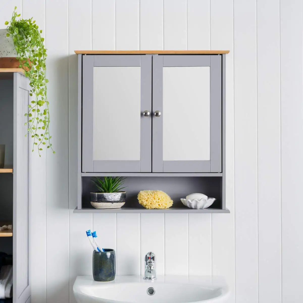 Modern Mdf Wooden Gray Double Mirror Bathroom Wall Mounted Storage