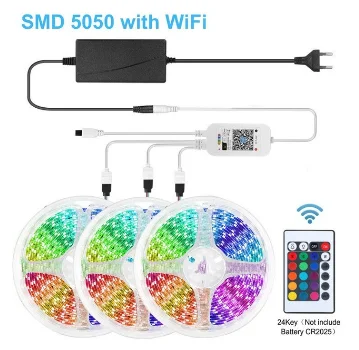 wifi LED Light Strip 5050 16.4 Ft 5M 60LED/M RGB Smart Phone Controlled Google Home/ Alexa Echo Strip Lights Kit