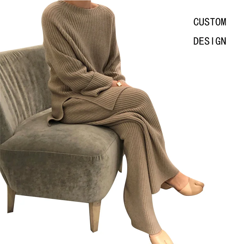 

factory custom winter playful solid color knitted pullover womens sweater with wide leg pants two piece set