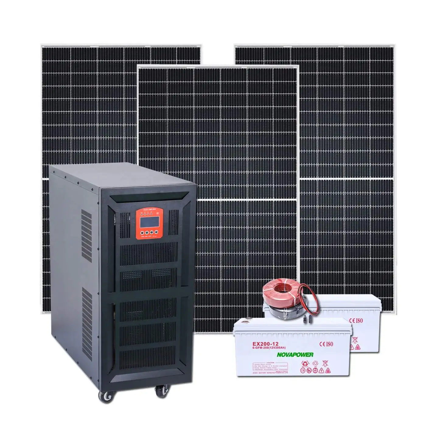 Modular 10000W portable solar generator with wheel-mounted battery crate and folded panels