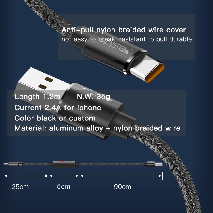 Yesido Wholesale Data Cable Line Nylon Braided Intelligent Timing Cut Off Usb Charging Cable For Iphone