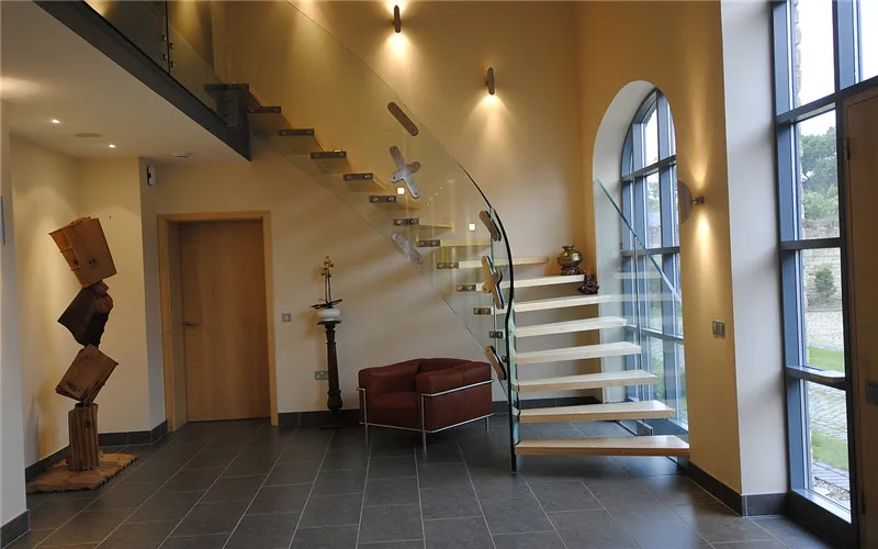 Custom Design Eskailera Wood Stair Floating Timber Staircase With Glass Railing Handrail For Home