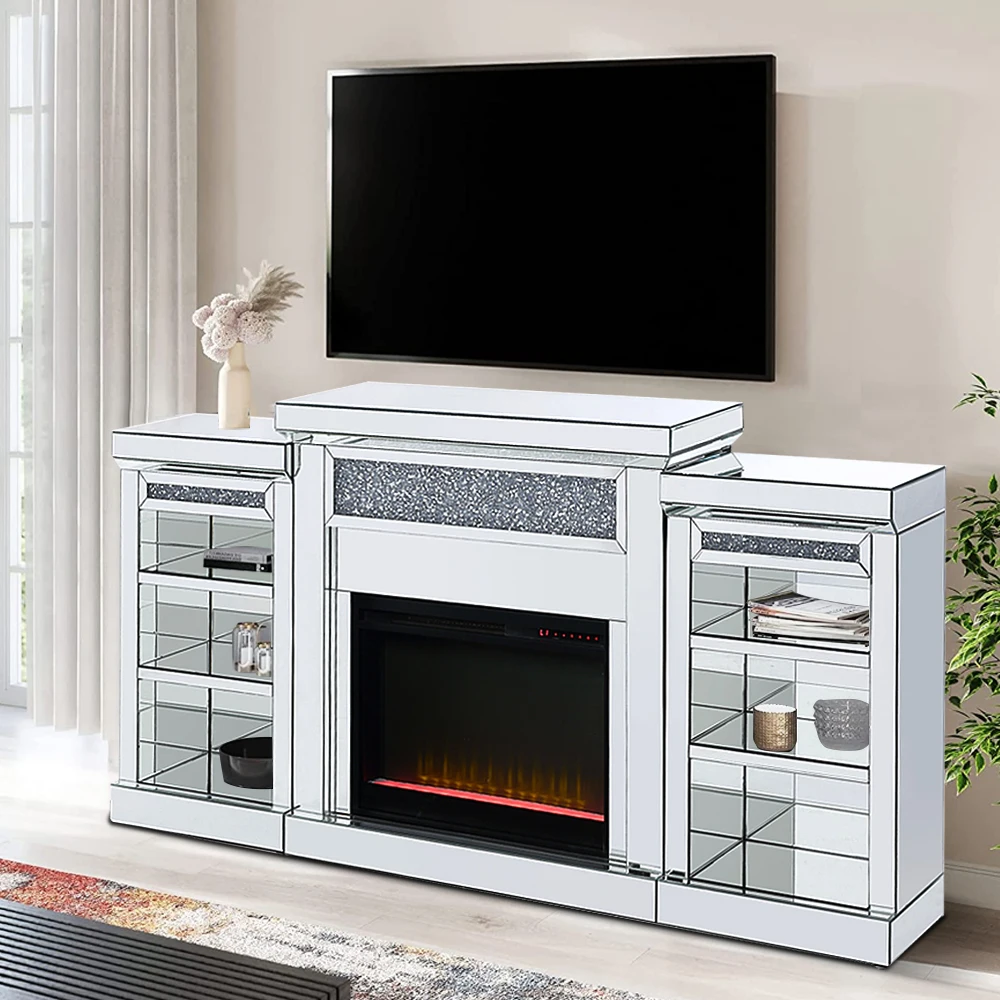 Modern Crushed Sparkle Crystal Mirrored Glass Wine Tv Stand