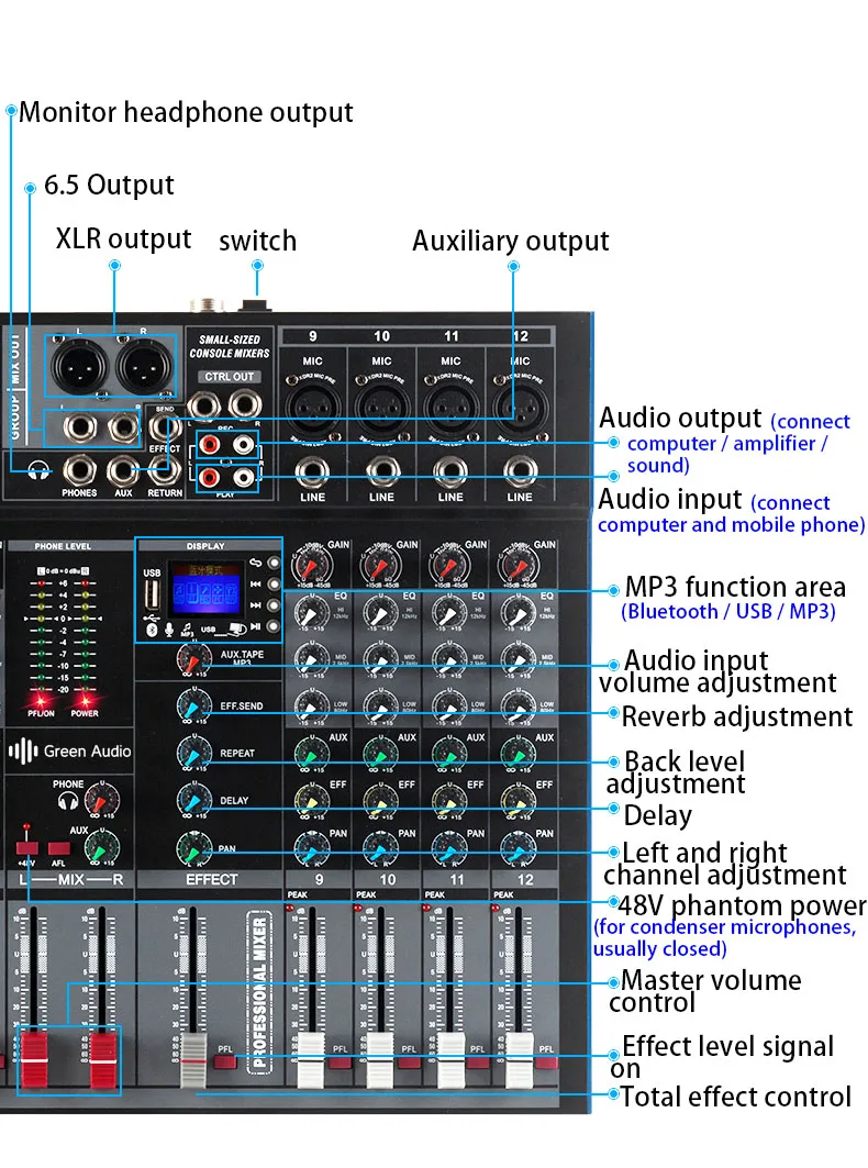 Gax-et8 Professional 8 Channel Bt Audio Mixer Usb High Bass Mixing ...