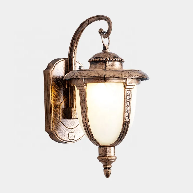 Outdoor Exterior Wall Light Fixtures, Rustic Gloden Bronze Wall Lighting with Frosted Glass Shade, Retro Waterproof Wall Sconces