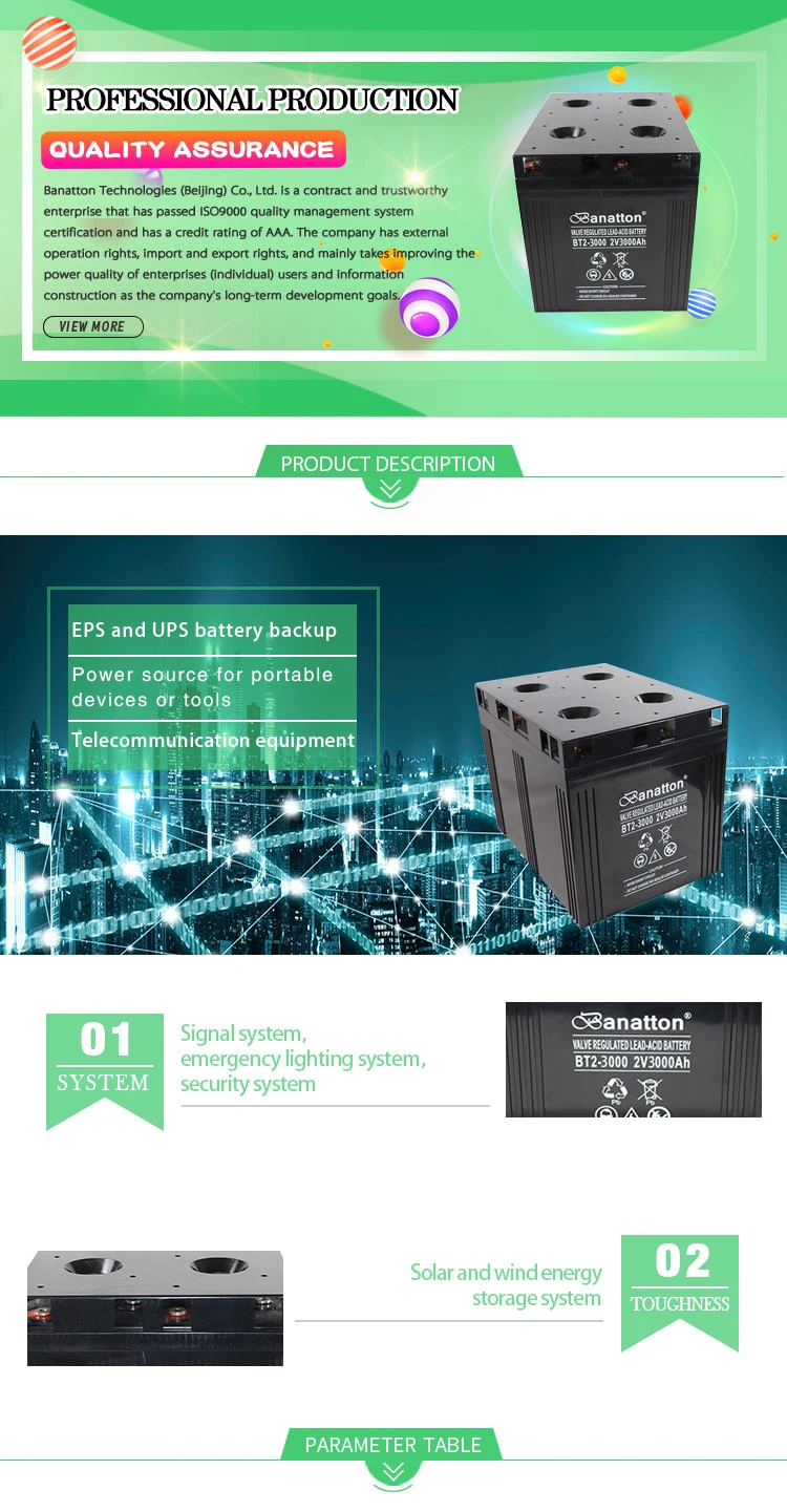 High Grade Super Capacitor Drained Lead Acid Battery Cablr Battery 2V 3000Ah