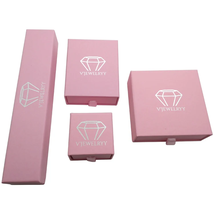 

Custom logo printed storage luxury pink paper box ring pendant necklace bracelet set jewelry box drawer gift packaging box