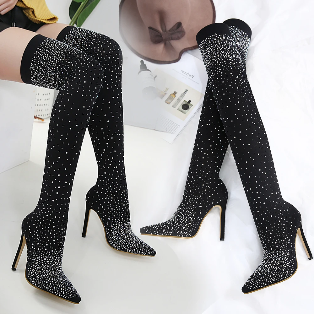 stretch fabric thigh high boots