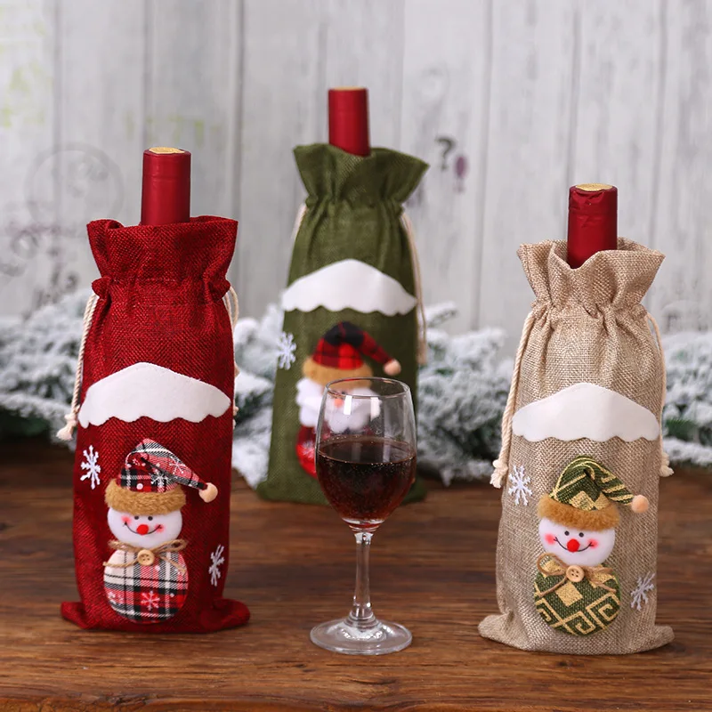 Factory direct Christmas decoration wine bottle bag Christmas snowman linen high quality creative wine bottle cover