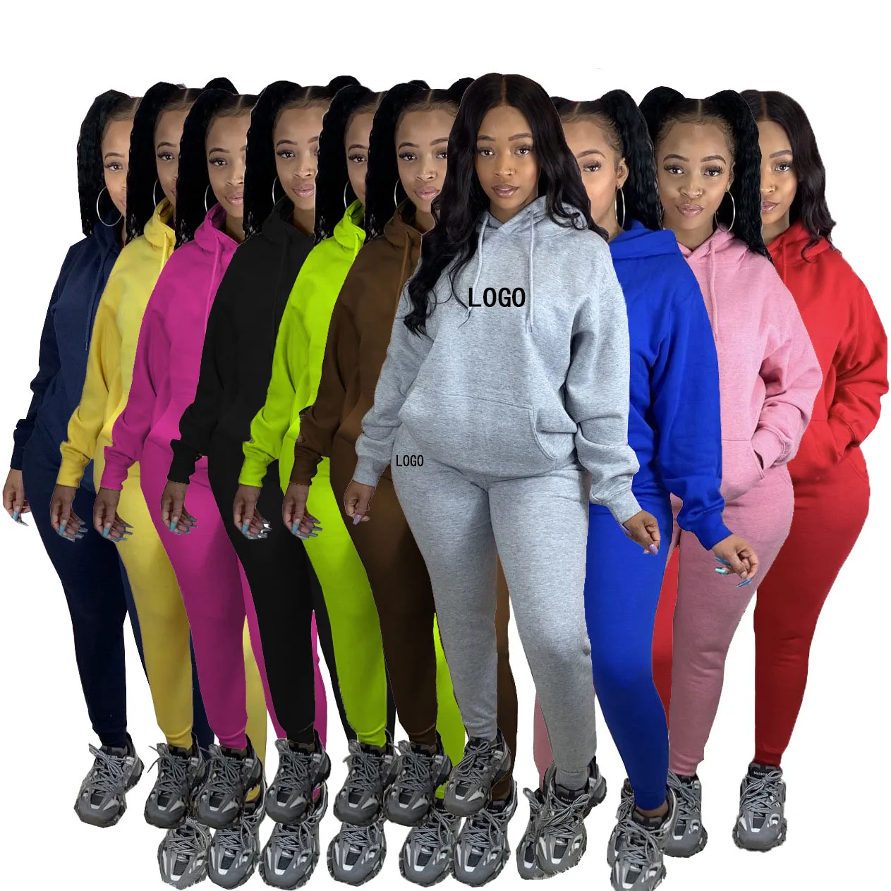 Customized Logo Hooded Plain Color Two Piece Pants Set Women Fashion ...