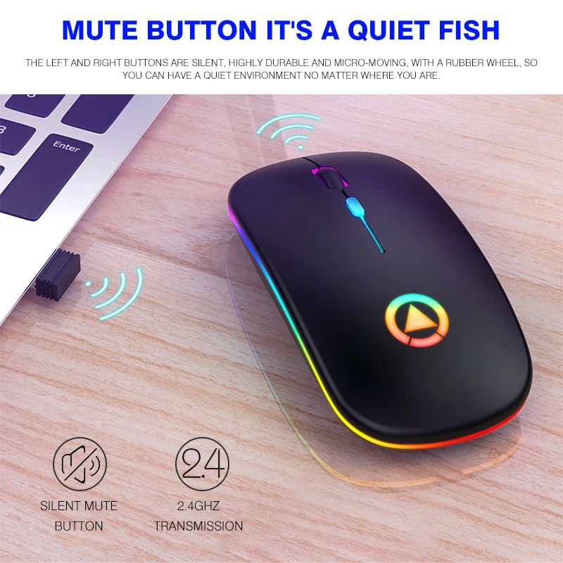 Thin Slim 2.4G Optical Computer Mouse 1600 DPI Adjustable RGB Gaming Mouse Rechargeable Wireless Mouse