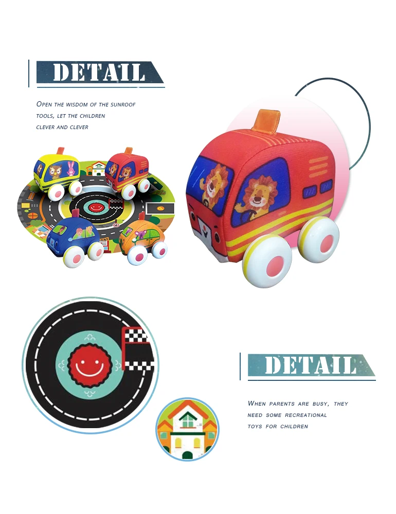 Children's gift infants inertia friction powered push 4 style cloth car toy car cartoon soft cloth pull back cars with mat