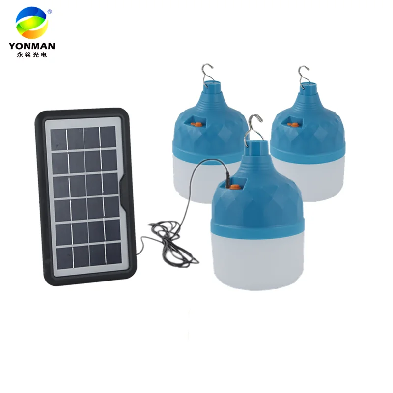 Blue 50W  plastic camping portable USB rechargeable hanging E27 solar light bulb led without remote