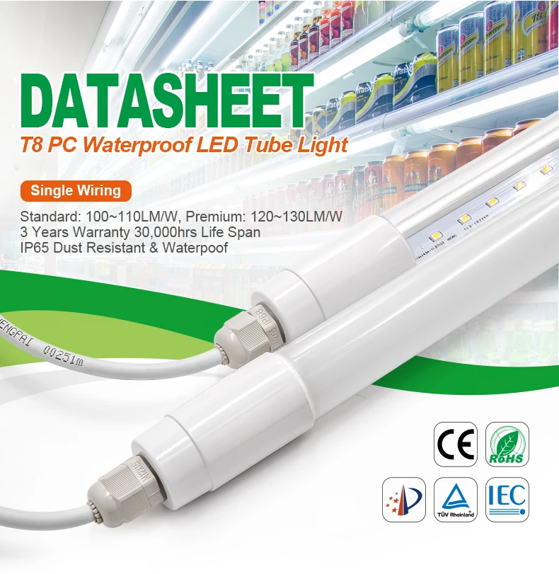 t8 waterproof pc led tube light with ip68 socket