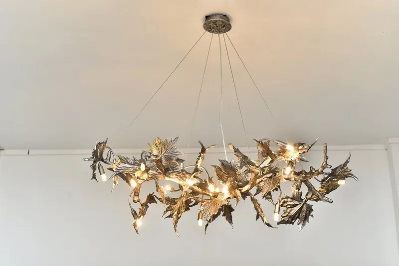 MEEROSEE New Design Brass Tree Branch Hanging Light Fixture Copper Leaves Chandelier Lighting for Hotel Restaurant Cafe MD85699