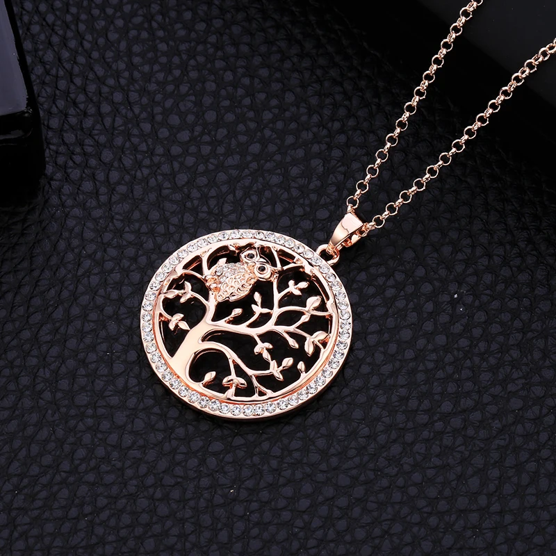 Big Owl Tree of Life Crystal Pendant Necklace Sweater Chain Gold Silver or Rose