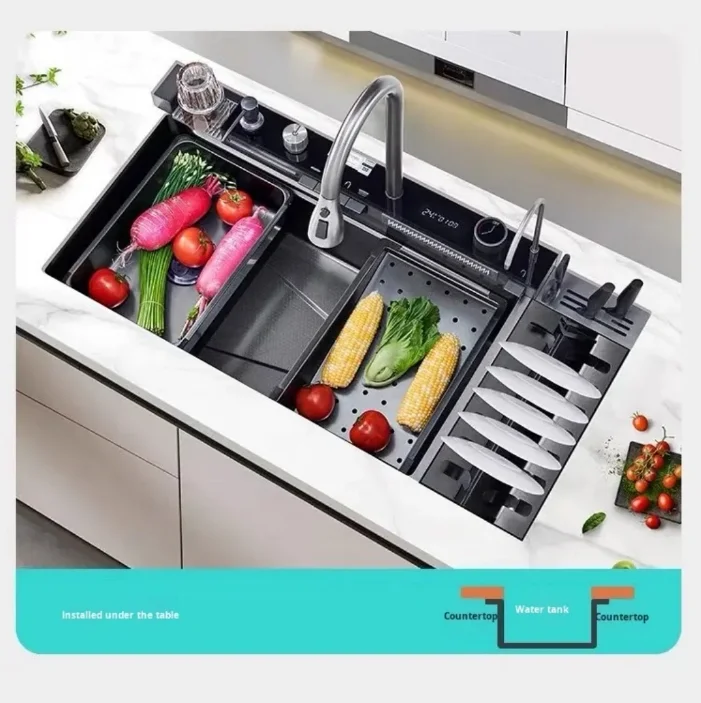Customized New Multi-function Matte Black Dishwasher Faucet Stainless Steel Kitchen Sink with Brass Valve Smart Basin Sink