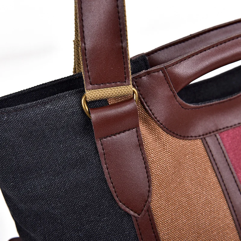 New Fashion Multi Color Stitching Stripe Canvas Woman Handbags Retro Simple Large Capacity tote Bag Ladies