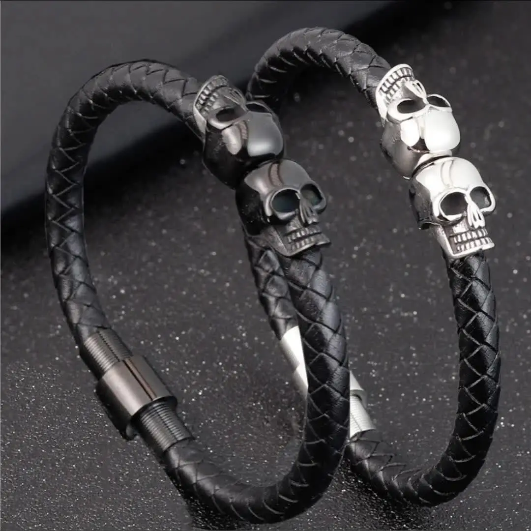 Fashion Punk Skull Head Bracelet Black Braided Genuine Leather Rope Chain  Stainless Steel Magnetic Clasp Bracelets Men's Jewelry