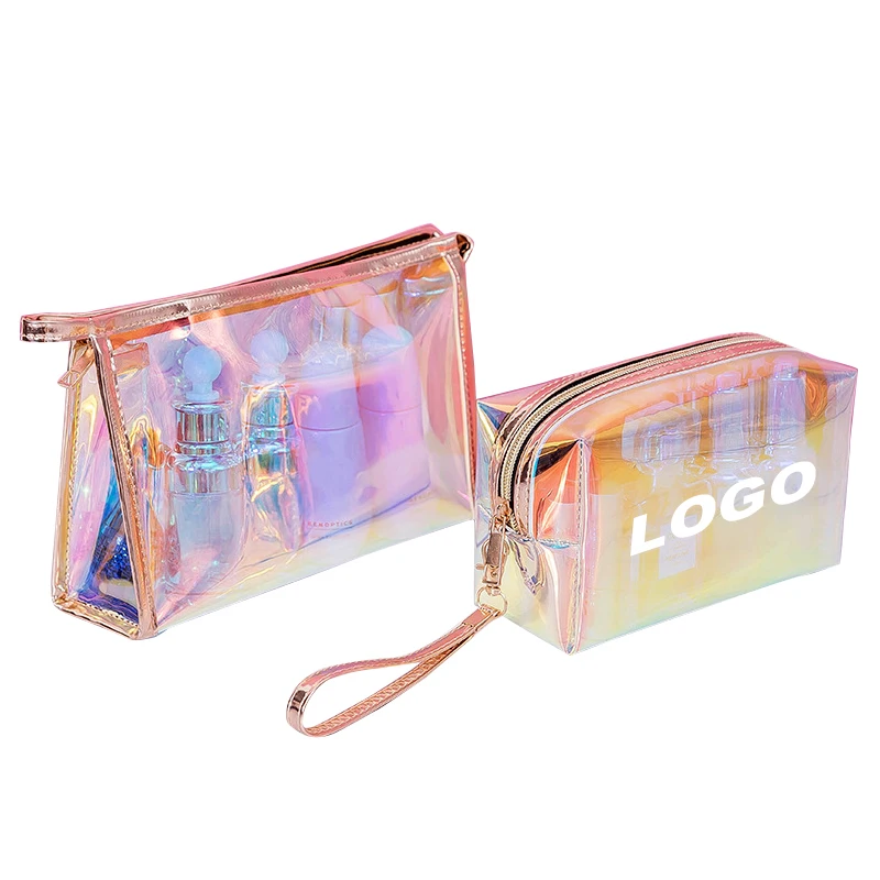 
Low MOQ 100Pcs Custom Logo New Fashion Transparent Laser Cosmetic Pouch Luxury Custom Print Clear Holographic Makeup Bag 