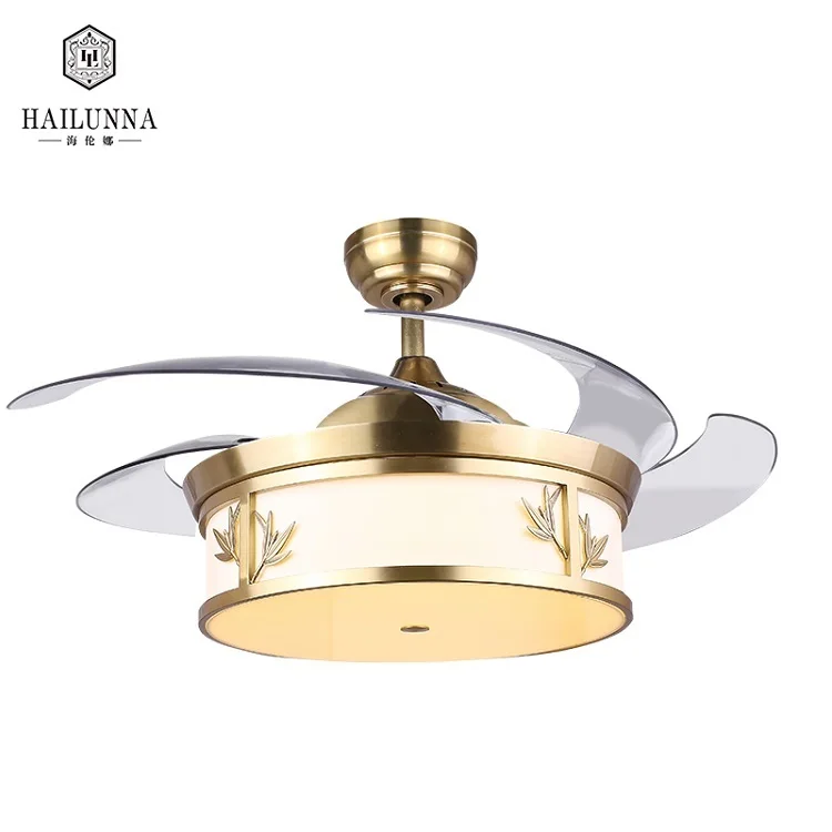 Chinese Retro Copper Lampshades Chandelier Pendant Lights With Invisible Ceiling Fan Round Remote Control Led Ceiling Fan Lamp