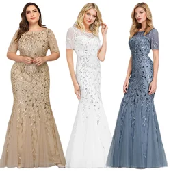 Plus Size Fat Elegant Dark Blue Women Evening Dresses Mother Of The Bride Clothing Short Sleeve Party Maxi Sequin Evening Dress