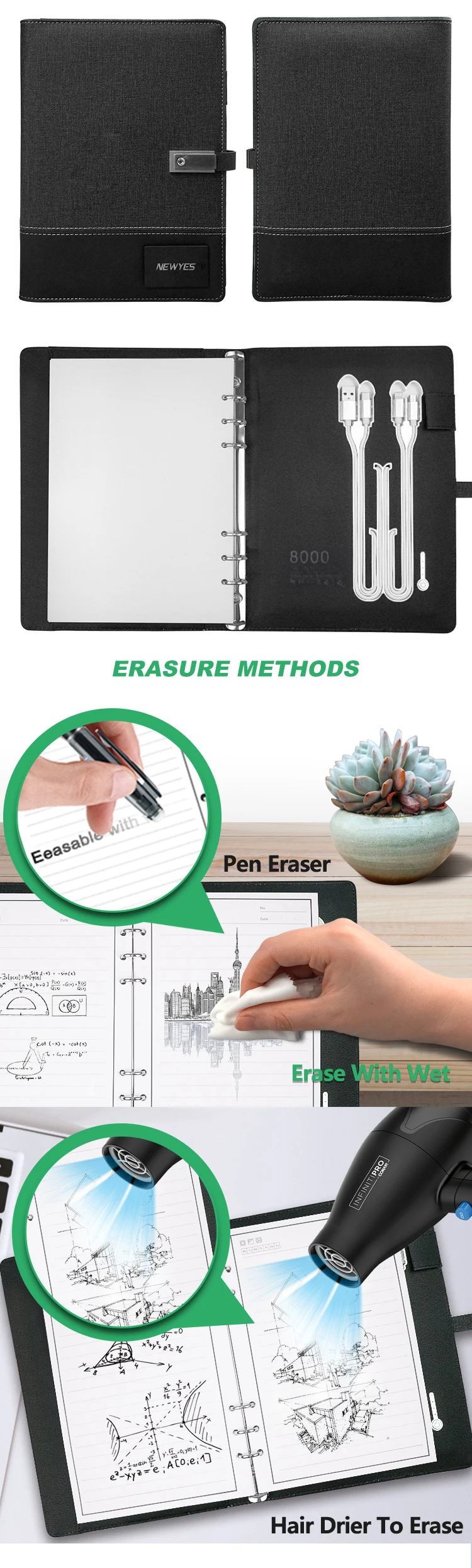 Newyes Business Gift A5 Smart Reusable Diary Charger Powerbank Notebook