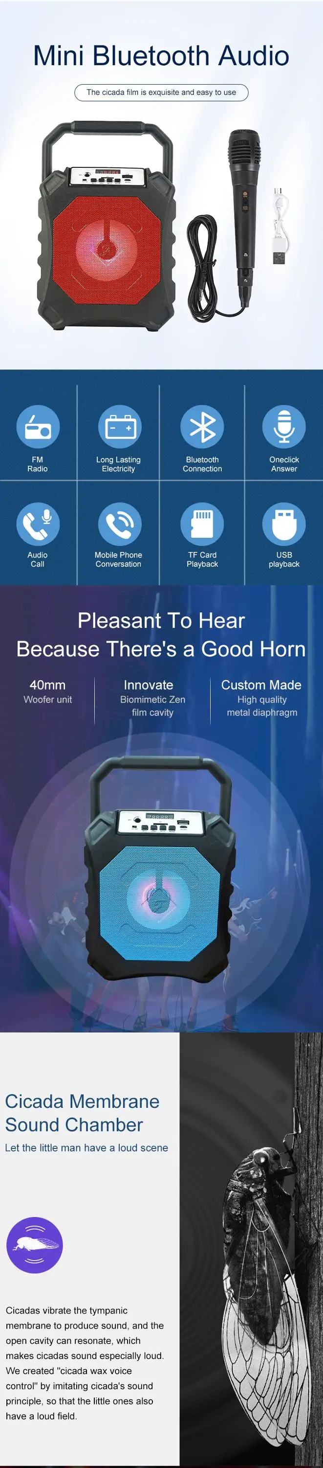 5w Hifi Stereo USB Karaoke subwoofer Hands-free Bluetooth Speaker For Microphone - ANKUX.COM