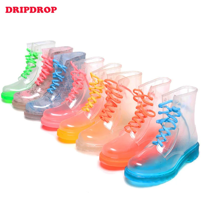 Women Transparent Shiny Ankle Heeled Ankle Pvc Rain Boots Shoes For