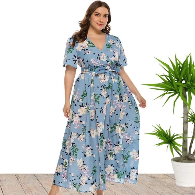 2020 New Arrival V Neck Short Sleeve Floral Print Plus Size Maxi Long